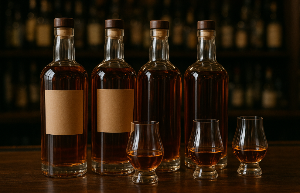 bourbon bottles on a bar