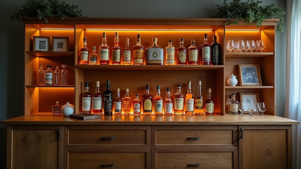 Home budget whiskey bar display with bottles, simple glassware, and LED lights on a repurposed bookcase